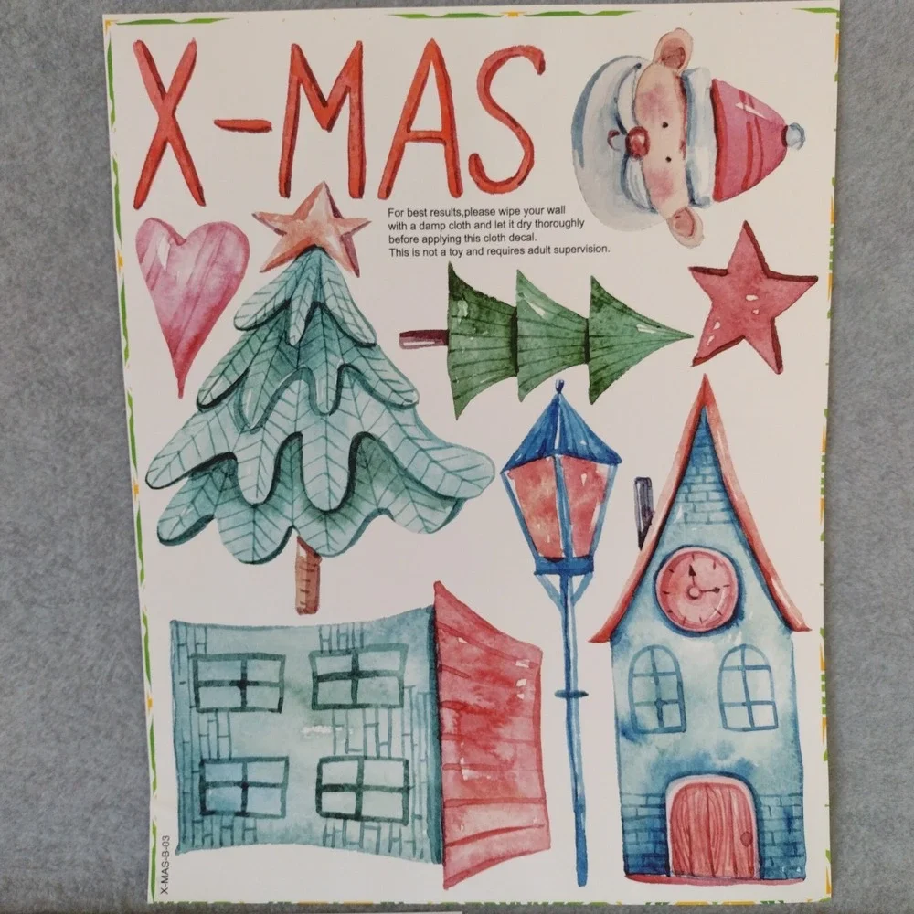 3 Sheet Watercolor Christmas Cloth Wall Decals Holiday Nursery Decor X-MAS-B